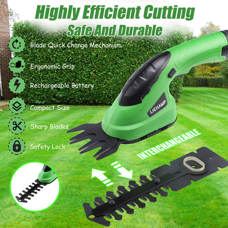 Lichamp 2-in-1 Electric Hand Held Grass Shear Hedge Trimmer Shrubbery Clipper Cordless Battery Powered Rechargeable for Garden and Lawn, CGS-3601 Grass Green - Image 2